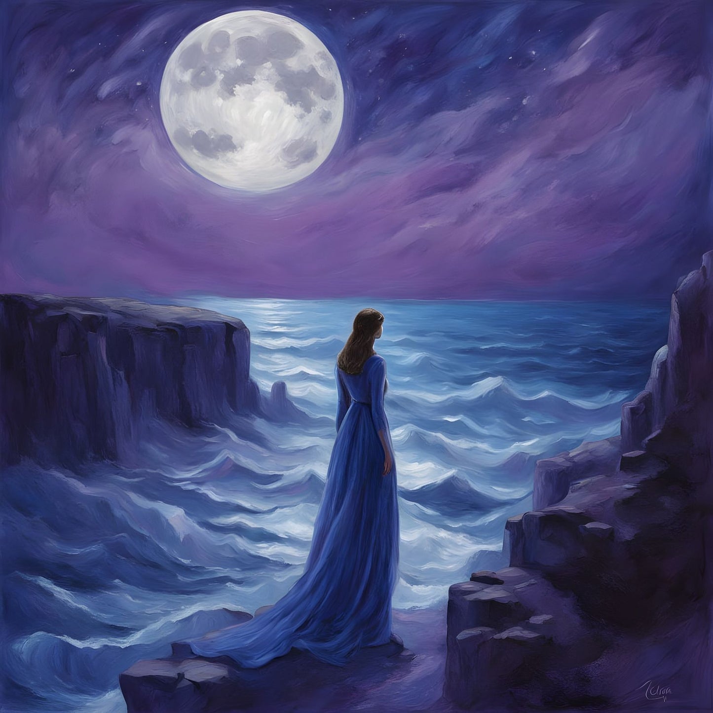 Lunar Tides-Moonlit Cliffside Muse-Canvas 80 x 80 cm