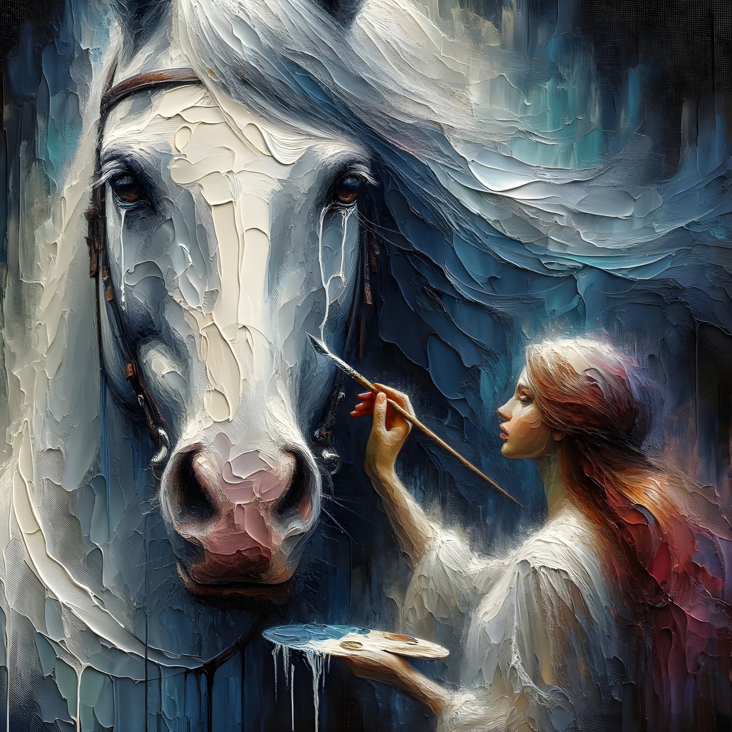 Touched by Creation - Crying White Horse & The Painter -Canvas 80 x 80 cm