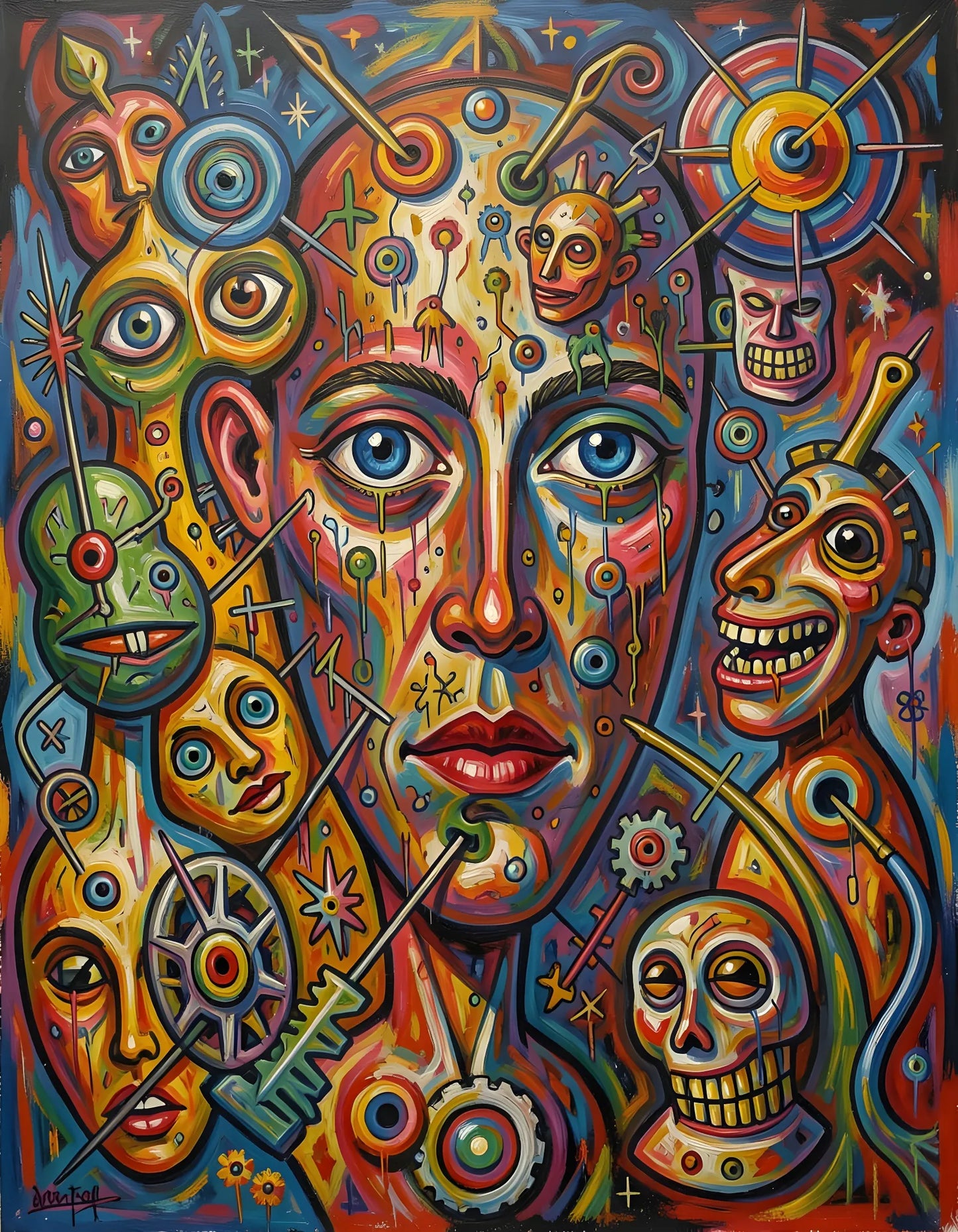 Cosmic Carnival – Electric Faces & Surreal Chaos-Canvas 100 x 75 cm