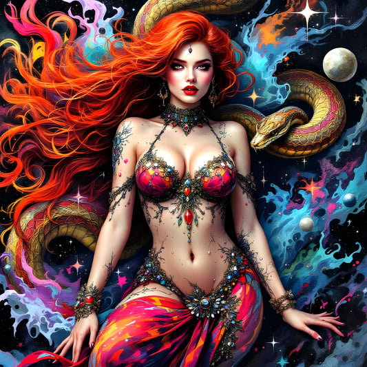 Celestial Serpent Siren Canvas – Ruby-Haired Muse in a Cosmic Sea-Canvas 40 x 40 cm