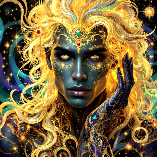 Cosmic Codemaker  – Golden Luminary in Sapphire Filigrees-Canvas 40 x 40 cm