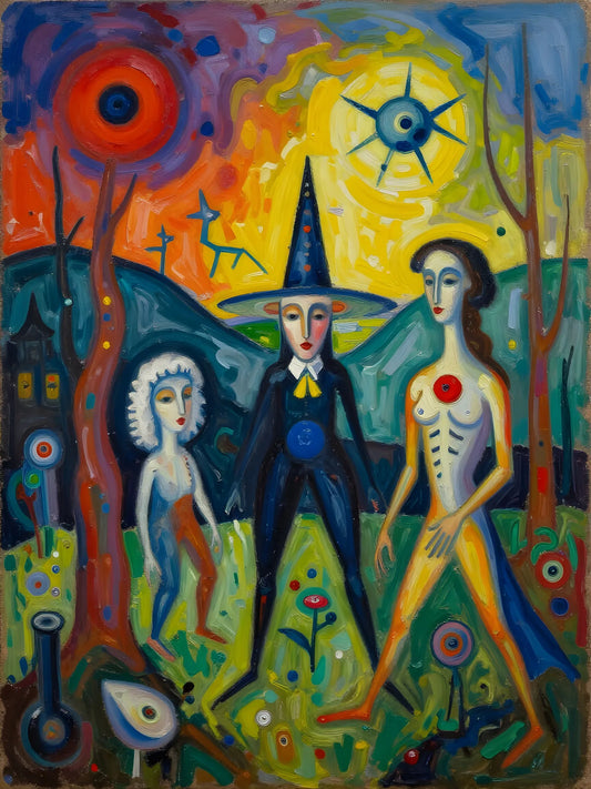Wizards at Dusk- Surreal Gathering Under Cosmic Skies -Canvas 120 x 80 cm