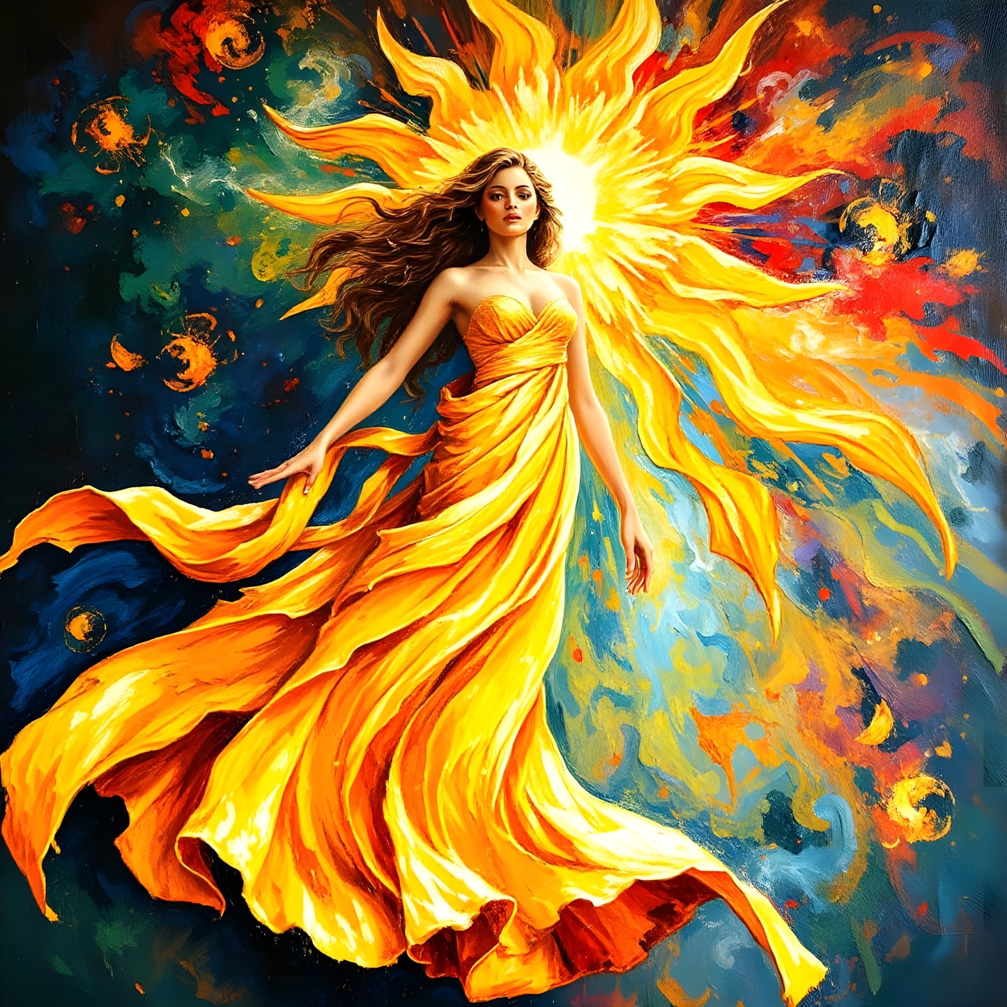 Solaria Ascendant-Embodied Radiance in Golden Flame- Canvas 80 x 80 cm