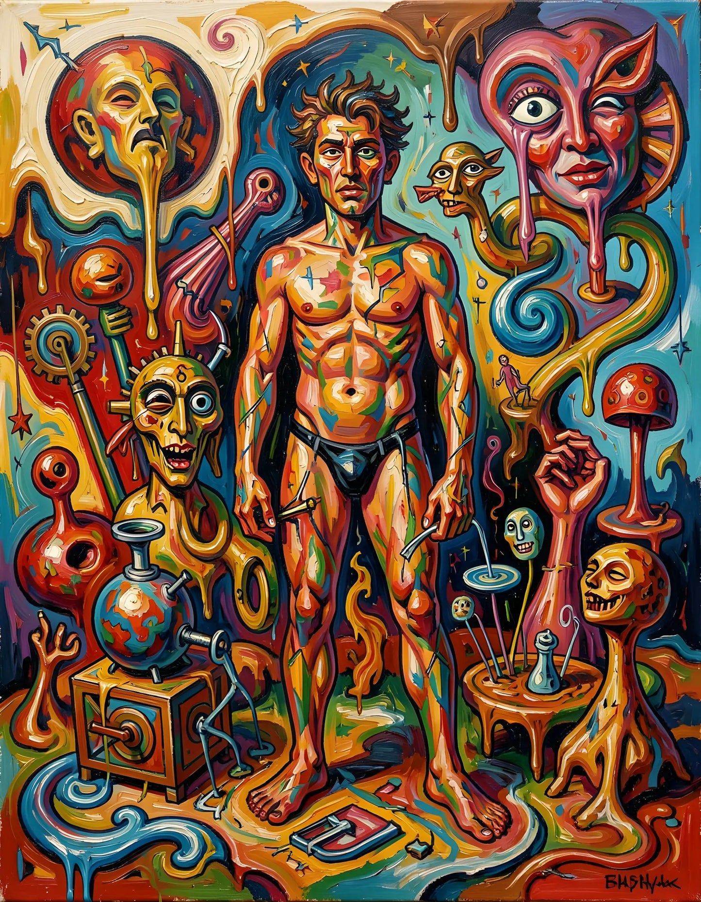 Alchemy of Self- Surrealist Anatomy in a Psychedelic Lab-Canvas 100 x 75 cm