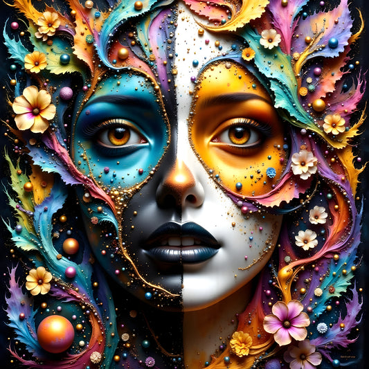 Astral Bloom  – Split-Tone Muse Framed by Cosmic Florals  -Canvas 80 x 80 cm