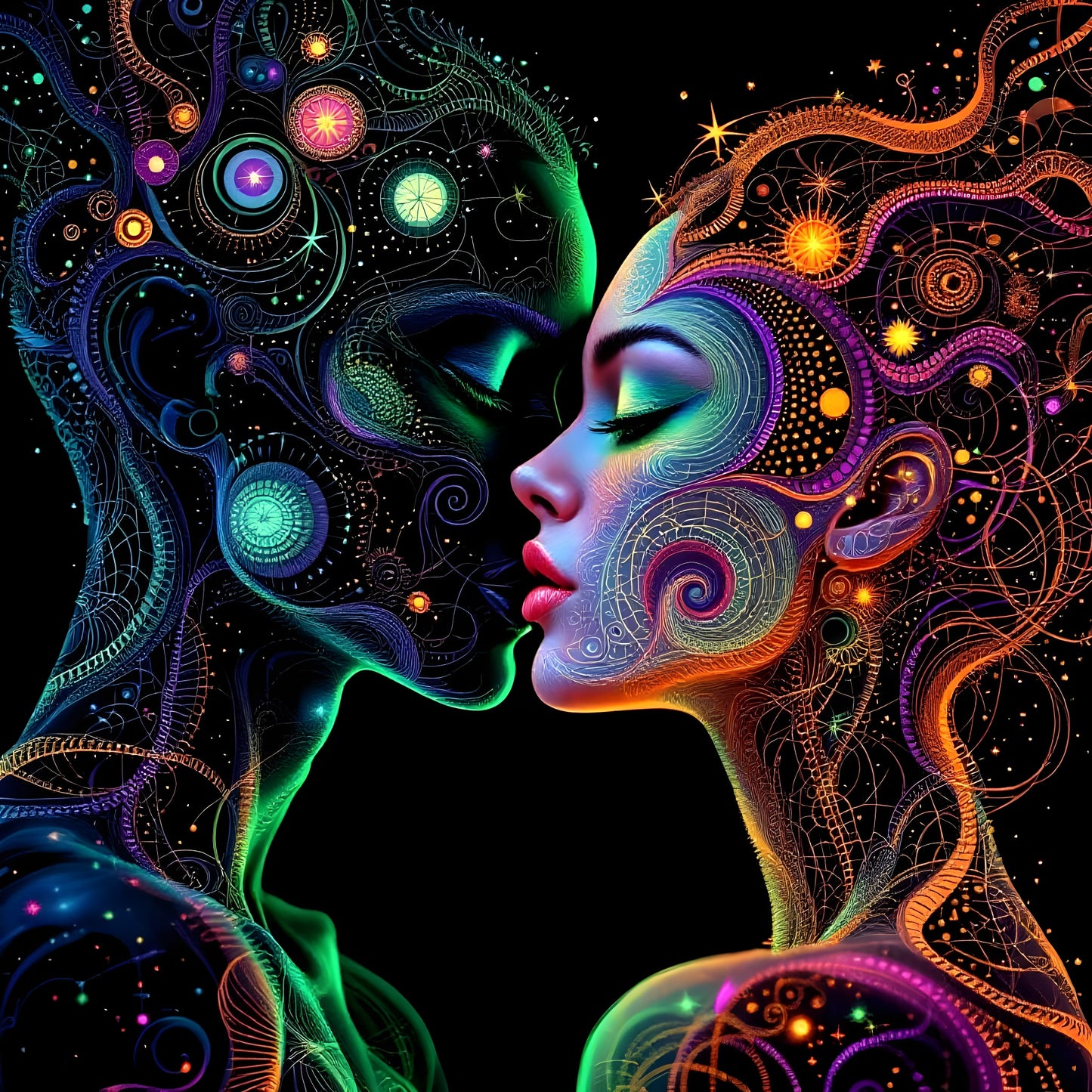 Quantum Kiss- Entangled Souls In Electric Bloom-Acrylic Glass 60 x 60 cm