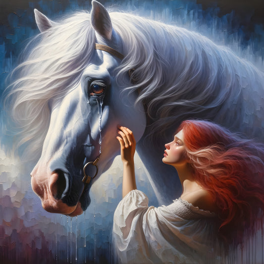 Bond of Tears -Red-Haired Woman & Crying White Horse-Photo Cushion 40 x 40 cm