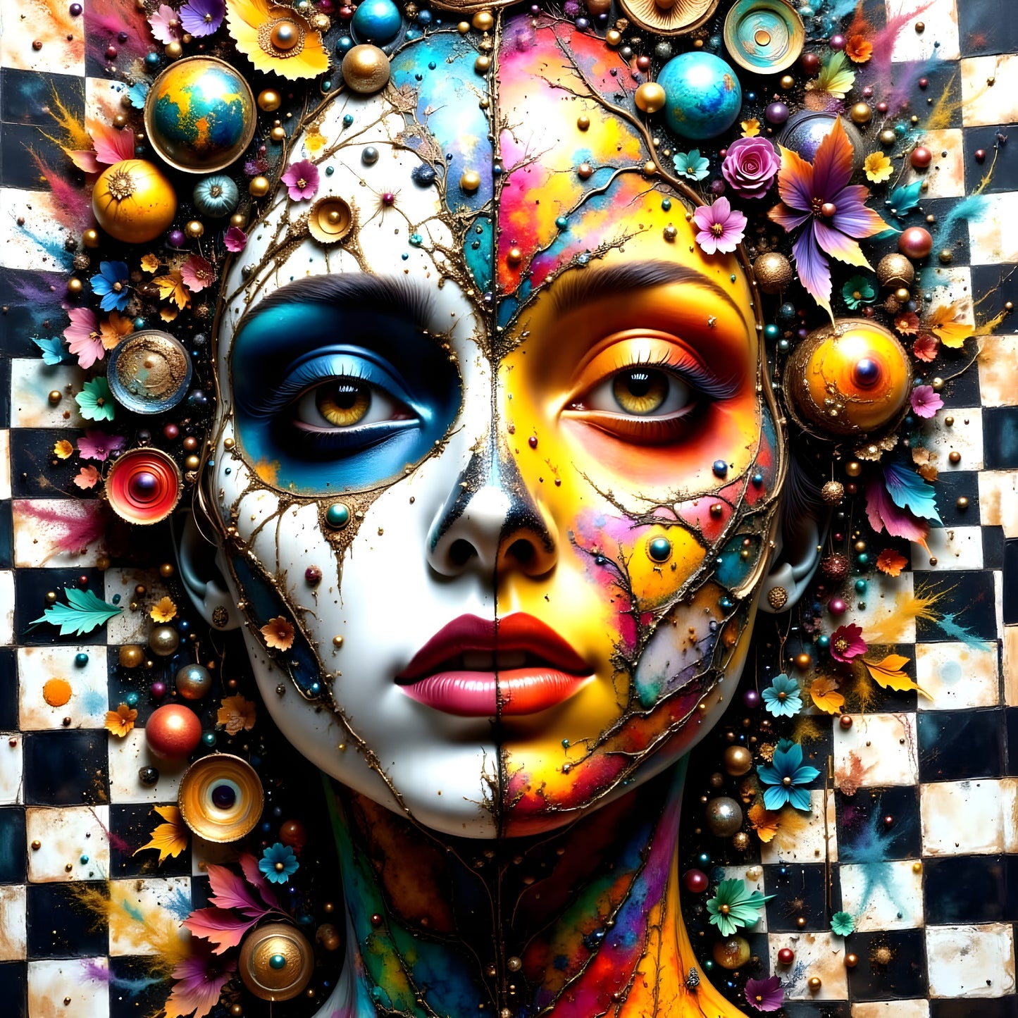 Duality Bloom Throw Cushion– Surreal Split Portrait on Checkerboard-Photo Cushion 40 x 40 cm