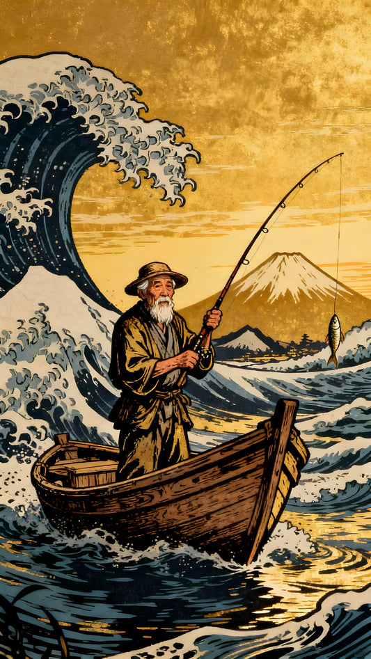 Life of an Old Fisherman – Out Fishing for a Living Despite the Weather-Canvas 100 x 75 cm