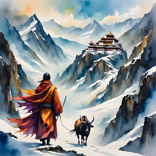 Mystical Tibetan Monk in Snowy Mountain Landscape-Canvas 80 x 80 cm